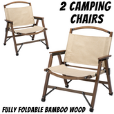 2x Bamboo Foldable Outdoor Camping Chairs – Khaki/Beige | Lightweight, Stylish & Durable